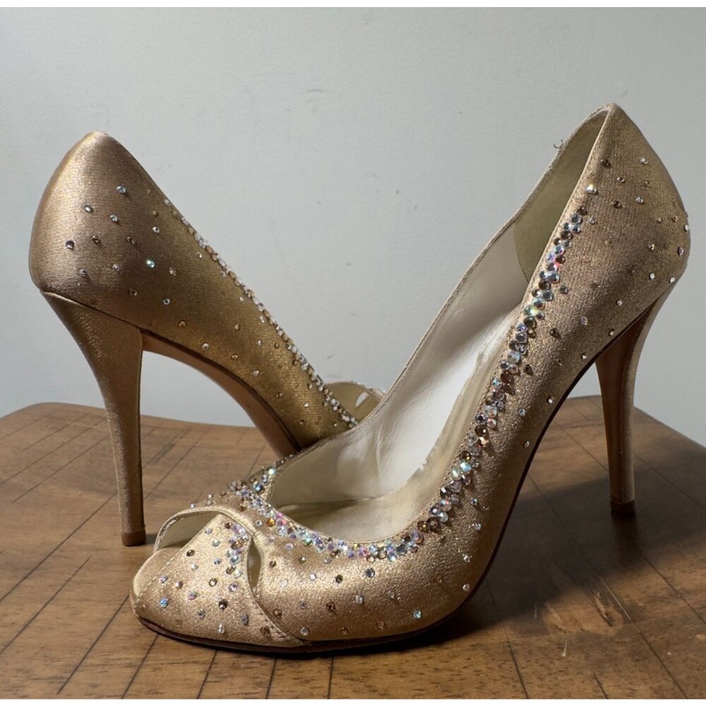 Stuart Weitzman Gold Rhinestone Heels Size 10M Peep Toe Stiletto Evening Wedding